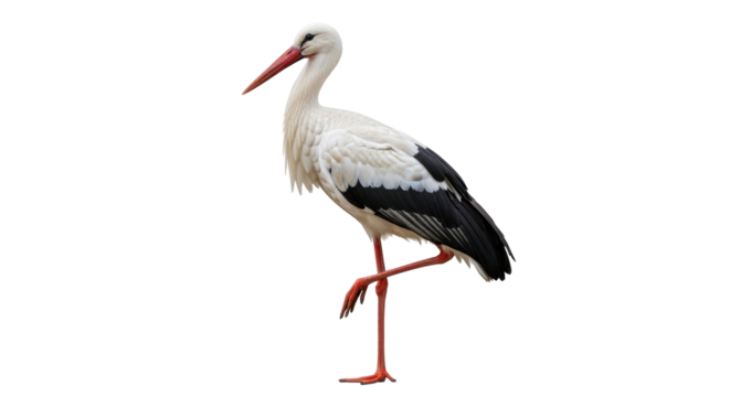 Isolated stork stands on one leg, showing off its long beak and black tipped wings