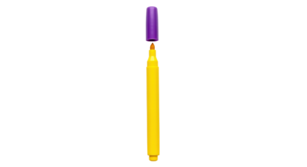 Isolated yellow marker with purple cap is ready for drawing or writing in school or office