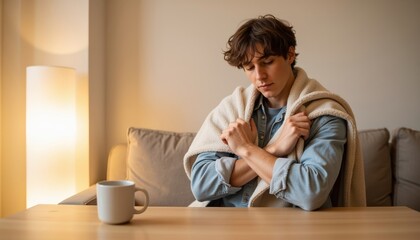 Young man sitting with blanket around shoulders at home while relaxing