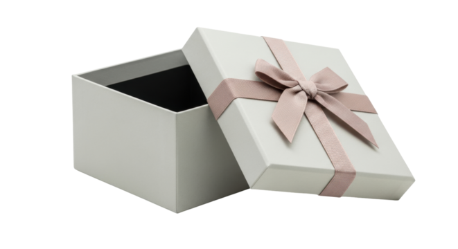 Isolated gift box with pink ribbon bow, partially open - container for celebration present