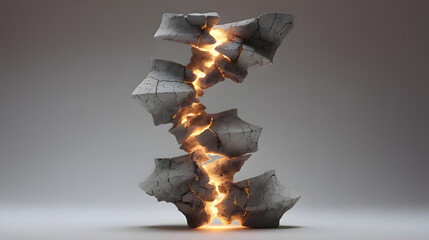A sculptural representation of a human spine made of cracked stone with five points of intense pressure glowing warmly.