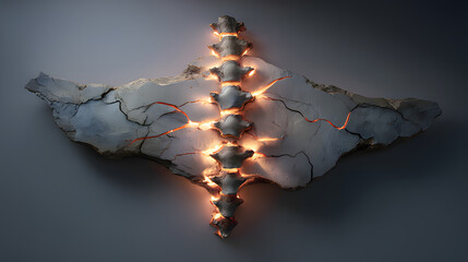 A sculptural representation of a human spine made of cracked stone with five points of intense pressure glowing warmly.