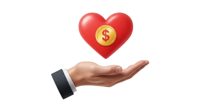 Isolated arm gesture offering heart with dollar sign symbol for financial donation, giving