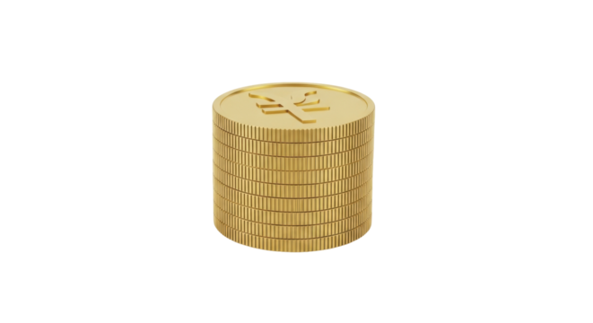 Isolated golden Japanese yen coin stack currency, shiny money, finance, economy and wealth