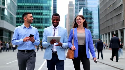 Diverse Business Team Using Technology in Cityscape, Connecting and Communicating - Powered by Adobe