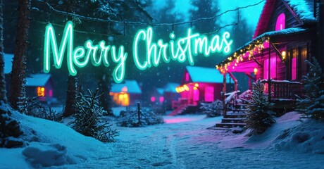 Obraz premium Winter scene depicts cozy cabins, bright lights, snowy landscape. Festive Merry Christmas message glows vividly.