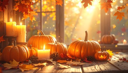 A cozy autumn scene with pumpkins, fallen leaves. Warm candlelight and a rustic wooden table decorated for Halloween. Soft golden tones, festive atmosphere, perfect seasonal stock image.