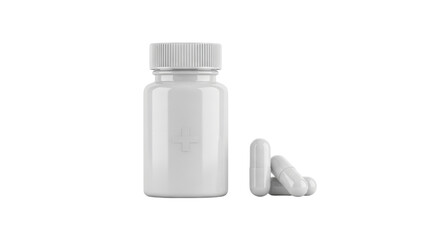 Isolated blank medical bottle with pills lying beside it, still life composition, 3D render