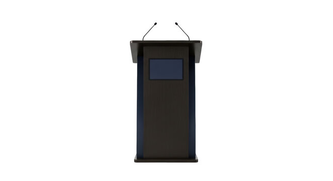 Isolated conference speech podium with two microphones, talk event lectern in studio