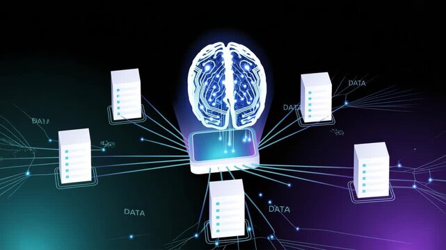 Brain-Inspired Data Integration: a high-tech illustration of a centralized brain model seamlessly connecting with data servers via a network of intricately designed digital pathways. 