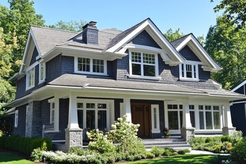 Elegant two-story house with dark gray siding and white trim.