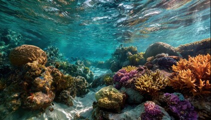 Fototapeta premium Vibrant Underwater Coral Reef Ecosystem teeming with life and color.