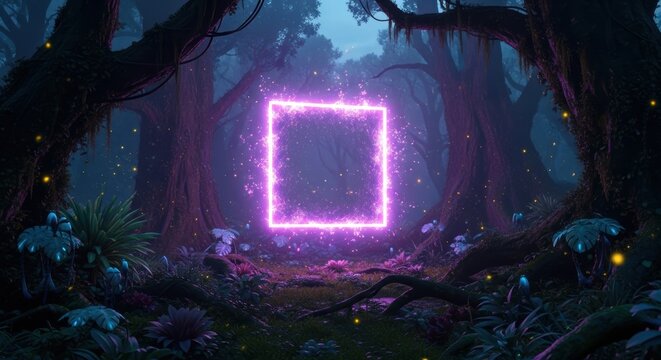 Gerbang portal neon ungu bercahaya di tengah hutan ajaib yang gelap melambangkan dunia fantasi mistis dan dimensi sihir misterius