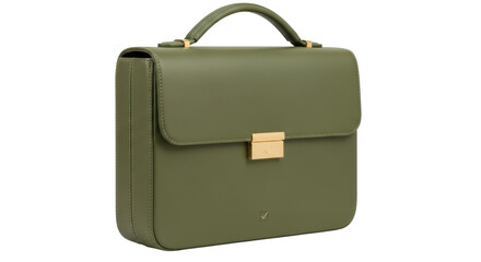 Isolated Leather Briefcase, Olive Green Bag with Handle, Metal Clasp, Stylish Handbag