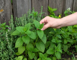 A hand picking fresh mint from a garden bed
