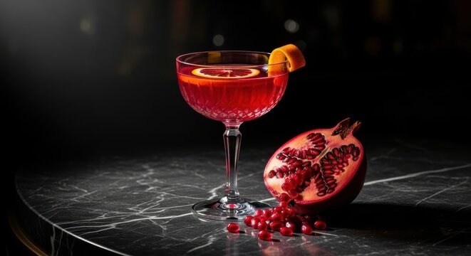 Cocktail delima merah elegan disajikan di atas meja marmer dengan nuansa gelap sinematik melambangkan kemewahan minuman kelas atas di bar eksklusif