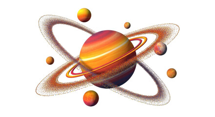 Isolated Orange Planet with Rings and Moons Floating around Outer Space in the Universe