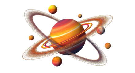 Isolated Orange Planet with Rings and Moons Floating around Outer Space in the Universe