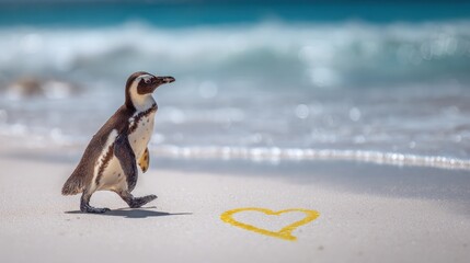 A penguin walks towards heart in sand at ocean beach