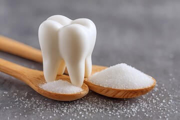 A model tooth atop wooden spoons, one holding sugar