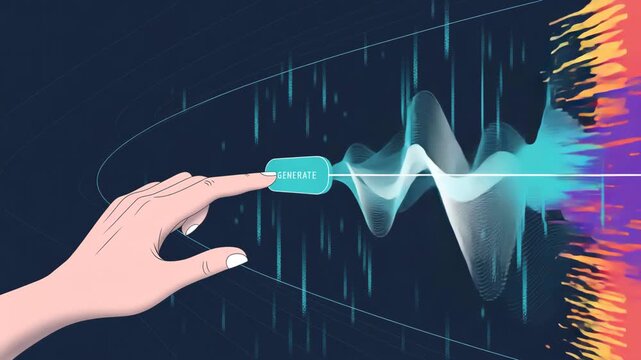 Digital Connection: A captivating display of hand gesture interacting with a digital sound wave, a symphony of the modern technological age. A minimalist, and engaging conceptual art. - Powered by Adobe