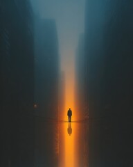 Businessman Silhouette Walking on Tightrope in Fog
