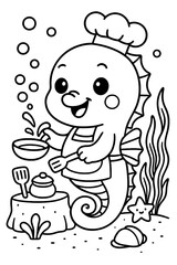 Charming seahorse chef cooks with a spatula in an adorable underwater kitchen