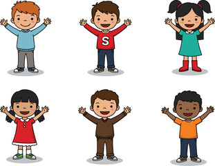 Cartoon children standing and smiling, diverse character vector for classroom education, social inclusion, child development, and multicultural learning themes