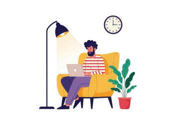 Man working on laptop in armchair under lamp isolated on transparent background freelance and remote work concept