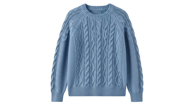 Isolated blue knitted sweater in studio lighting with a cable knit texture style
