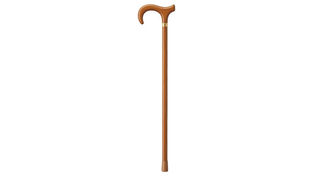Isolated wood walking stick with a curved handle, a health accessory for senior care