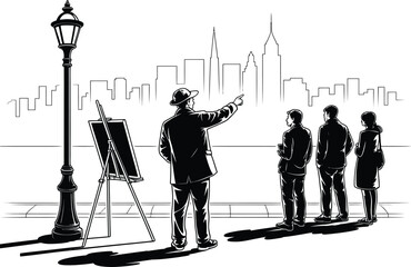 Tourist guide showing cityscape artwork. Tour group artist drawing city view vector