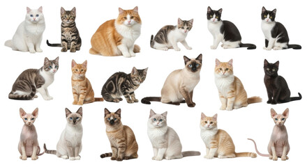 Isolated group of domestic cats, variety of coat patterns, cute pets in a row, adoption drive © Federica