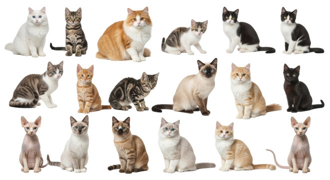 Isolated group of domestic cats, variety of coat patterns, cute pets in a row, adoption drive