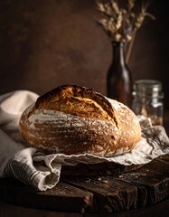 Artisan sourdough bread on rustic wooden table