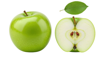 Isolated fresh green Granny Smith apple cut in half with stem and leaf, healthy eating