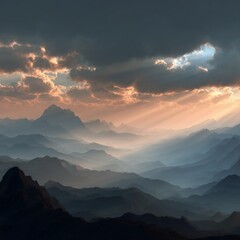 Fototapeta premium Dramatic Mountain Landscape with Sun Rays Through Clouds