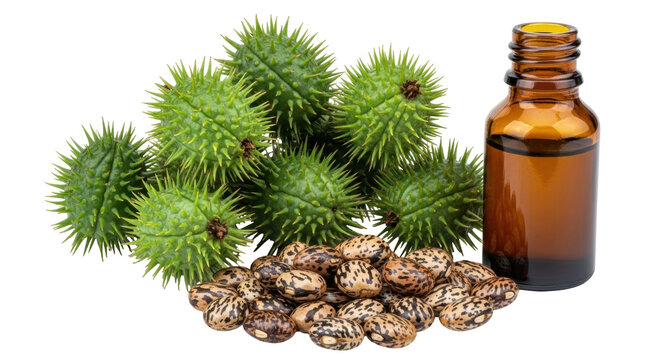 Isolated ricinus communis with bottle oil seeds castor oil medicine seeds castor bean no background