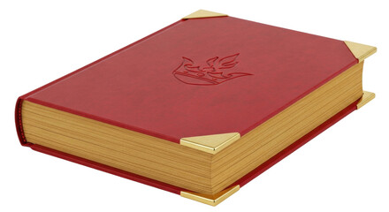 Isolated antique hardcover book in red with golden corner protectors and page edges, ornate