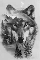Graphic image of a wolf against a background of a forest and a full moon.