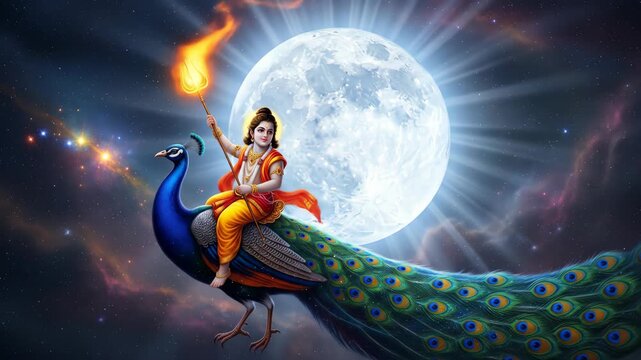 Lord Kartikeya Riding Peacock Against Full Moon, Depicting Power and Victory of Good Over Evil for Diwali Festival Skanda Shashti Thaipusam Vaikasi Visakam Aadi Krittikai Panguni Uthiram