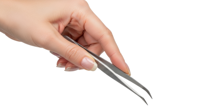 Isolated hand holding metal tweezers for medical or beauty care in a close-up studio shot