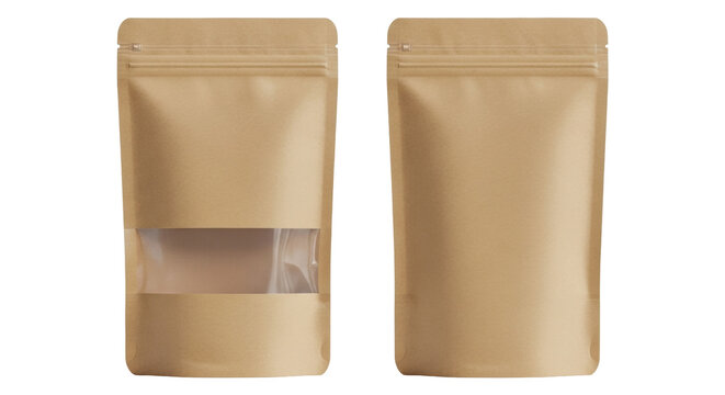 Isolated pouch bag mockup, stand up zipper packaging, product package with clear window panel