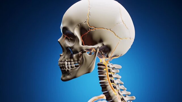 Anatomical Model of Human Skull and Upper Torso on Blue Gradient Background