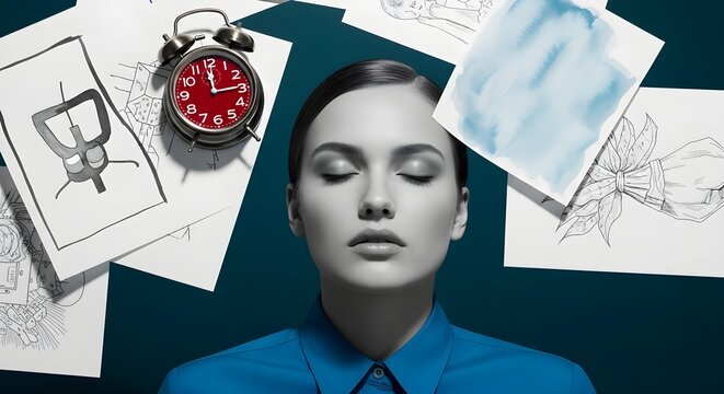 Artistic Vision A Creative Woman Surrounded by Sketches and a Clock Contemplating Ideas