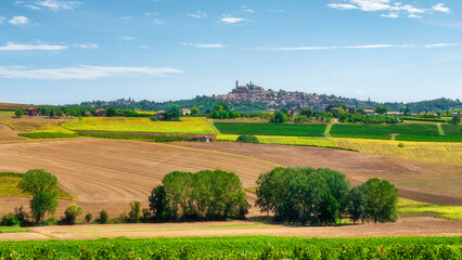 Vignale Monferrato village with Monferrato countryside fields, Piedmont, Italy