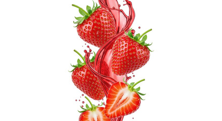 Isolated Fresh Strawberries With Berry Juice, Food And Drink Concept, Summer Fruits Concept