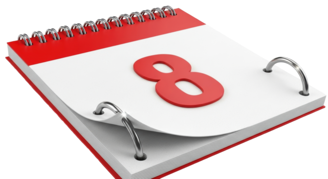 Isolated calendar with a number eight on the page, representing time, reminders and events