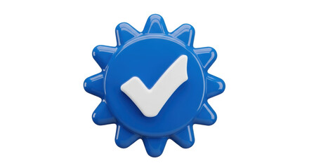 Isolated Blue Gear with White Check Mark for Verification, Certification and Endorsement