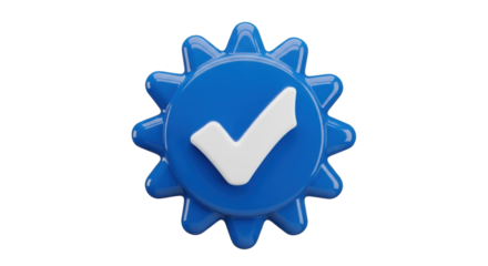 Isolated Blue Gear with White Check Mark for Verification, Certification and Endorsement